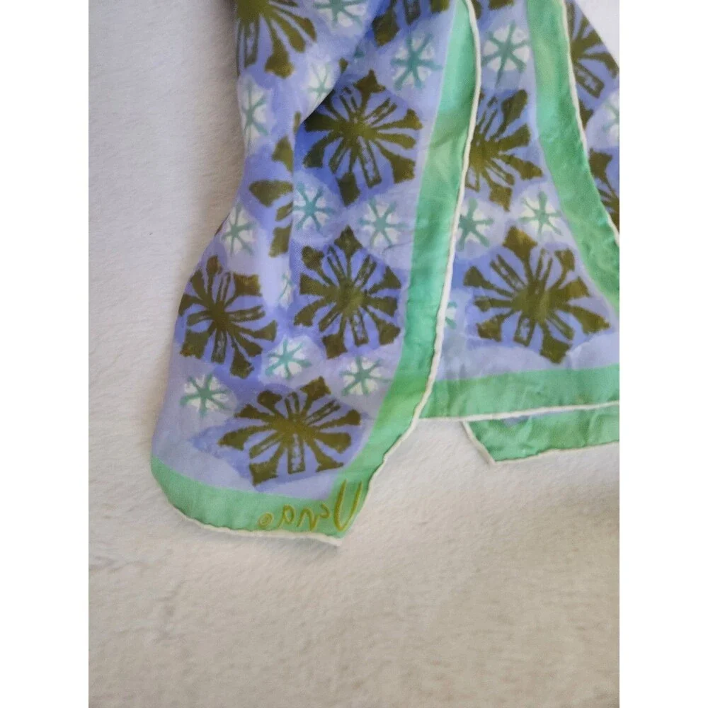 Vintage Vera Neumann Silk Scarf HandRolled Green Blue 60-70's Flower Geo Design